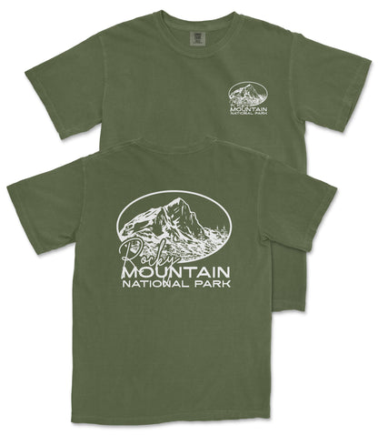 A green t-shirt with white text and graphics printed on it, depicting a mountain landscape.
