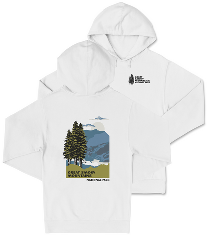 A white hooded sweatshirt with a graphic design depicting a mountain landscape with pine trees and mountains.