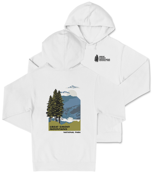 A white hooded sweatshirt with a graphic design depicting a mountain landscape with pine trees and mountains.