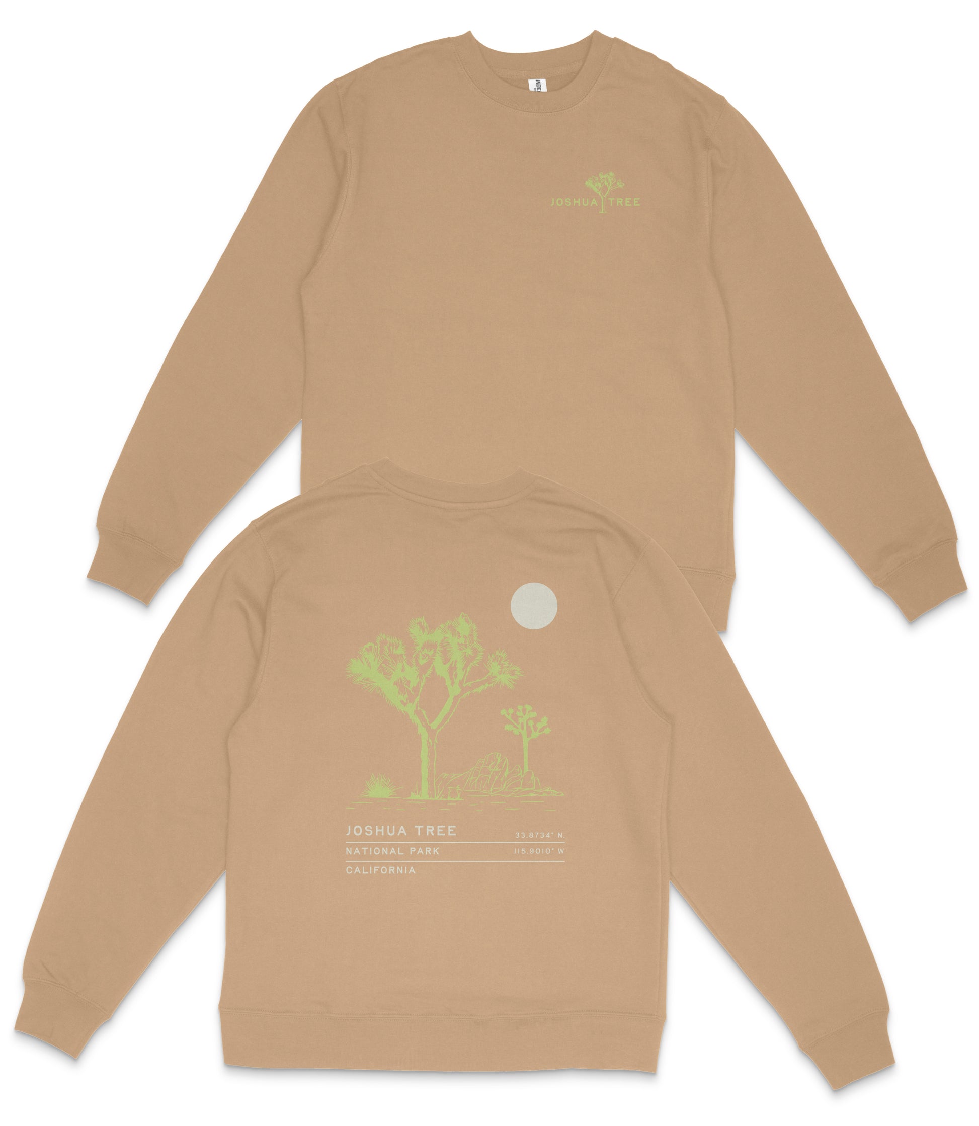two beige sweatshirts with a graphic design on the back. The design features a tree and a moon, along with text that reads "JOSUA TREE NATIONAL PARK CALIFORNIA".