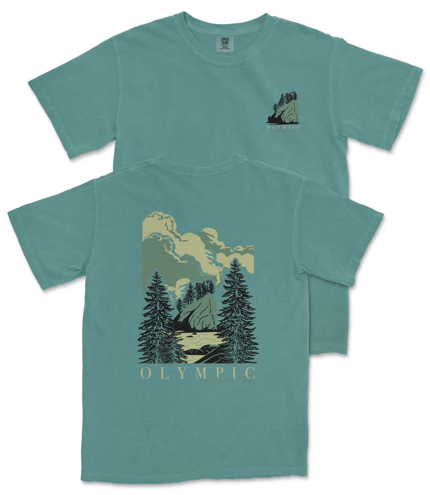 A teal-colored t-shirt with a graphic design depicting a mountain landscape with pine trees and clouds.