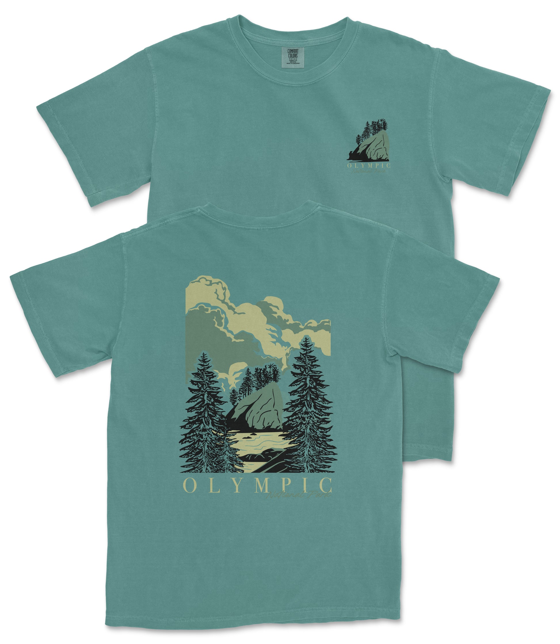 A teal-colored t-shirt with a graphic design depicting a mountain landscape with pine trees and clouds.