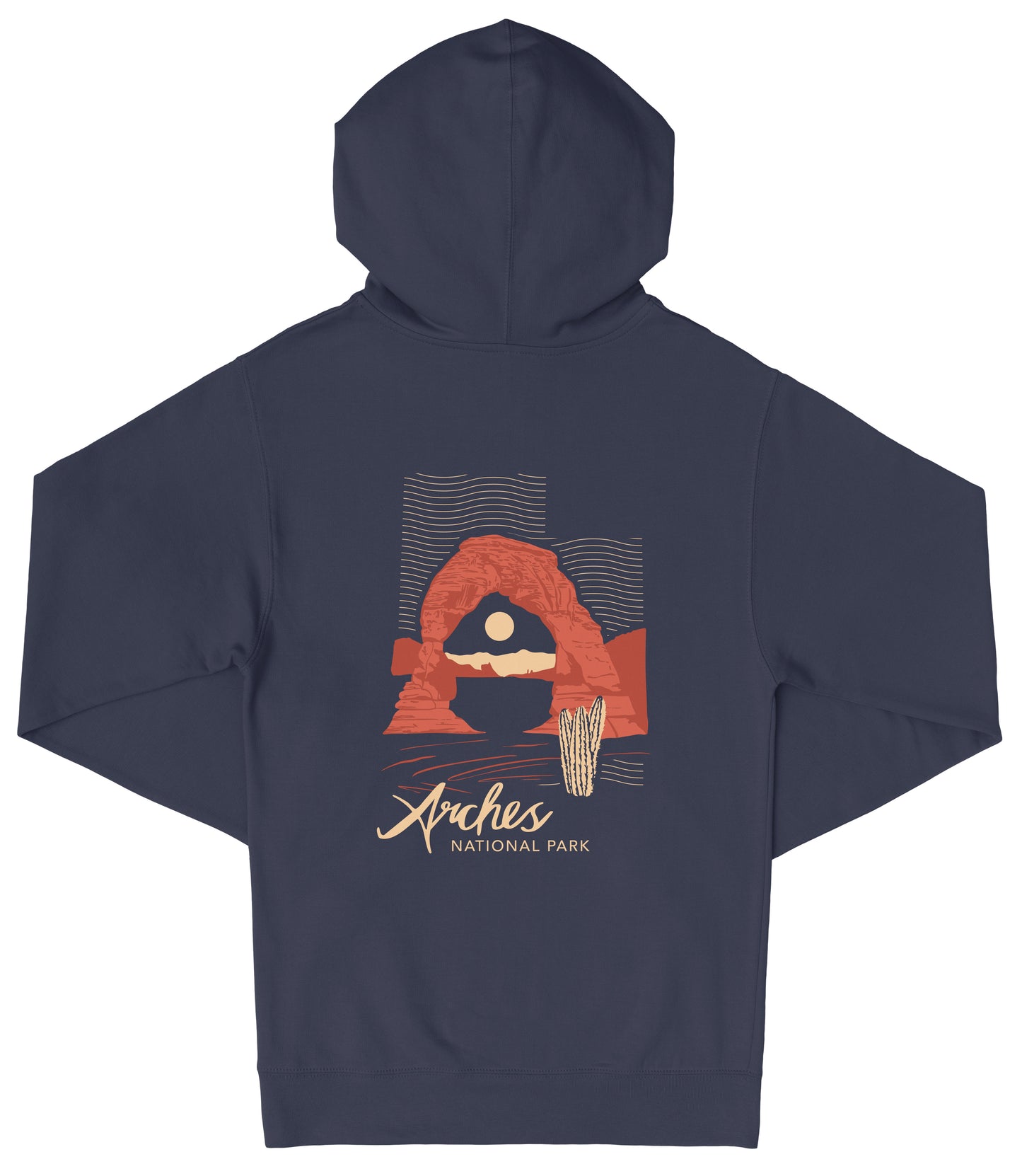 A navy blue hooded sweatshirt with a graphic design depicting a desert landscape with a rock formation and a cactus.