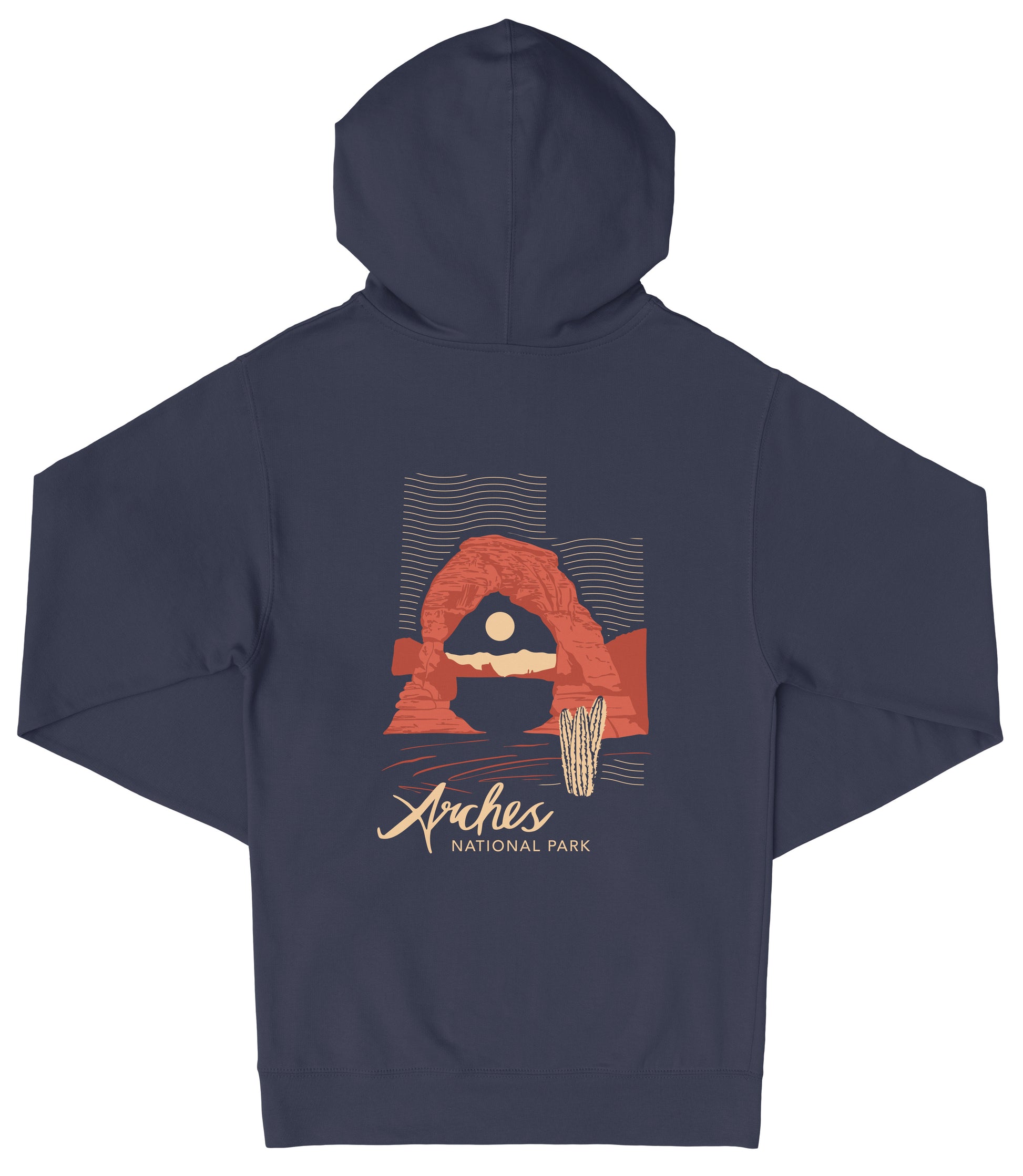 A navy blue hooded sweatshirt with a graphic design depicting a desert landscape with a rock formation and a cactus.