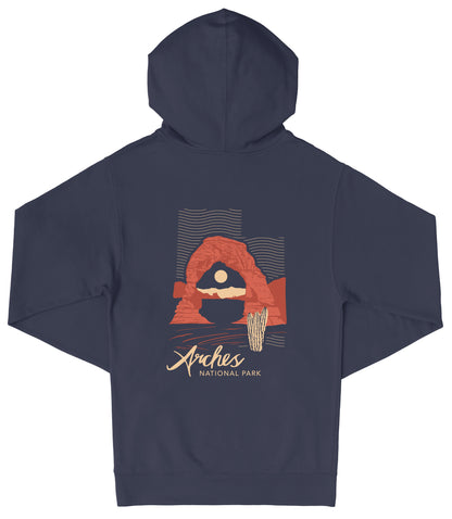 A navy blue hooded sweatshirt with a graphic design depicting a desert landscape with a rock formation and a cactus.