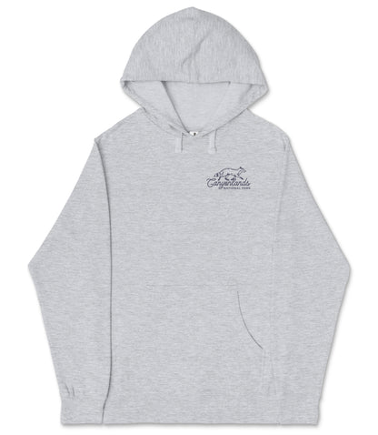 A gray hooded sweatshirt with a logo on the left side.