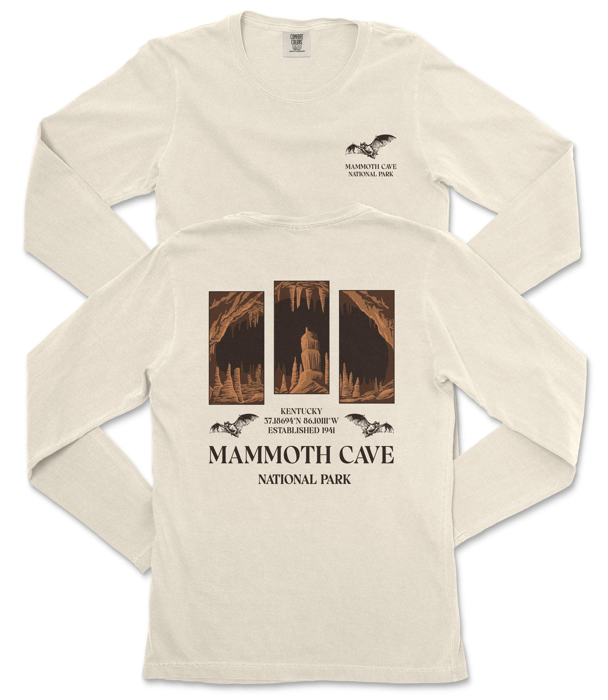 a cream-colored long-sleeved t-shirt with a graphic design and text printed on it.