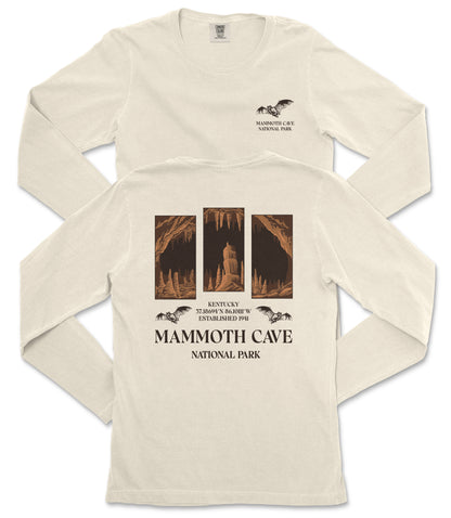 a cream-colored long-sleeved t-shirt with a graphic design and text printed on it.