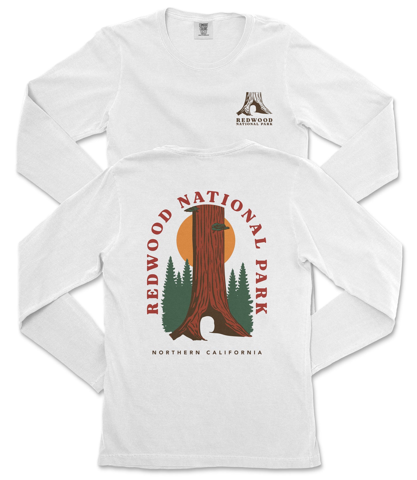 a white long-sleeved t-shirt with a graphic design depicting a redwood tree and the text "REDWOOD NATIONAL PARK NORTHERN CALIFORNIA".