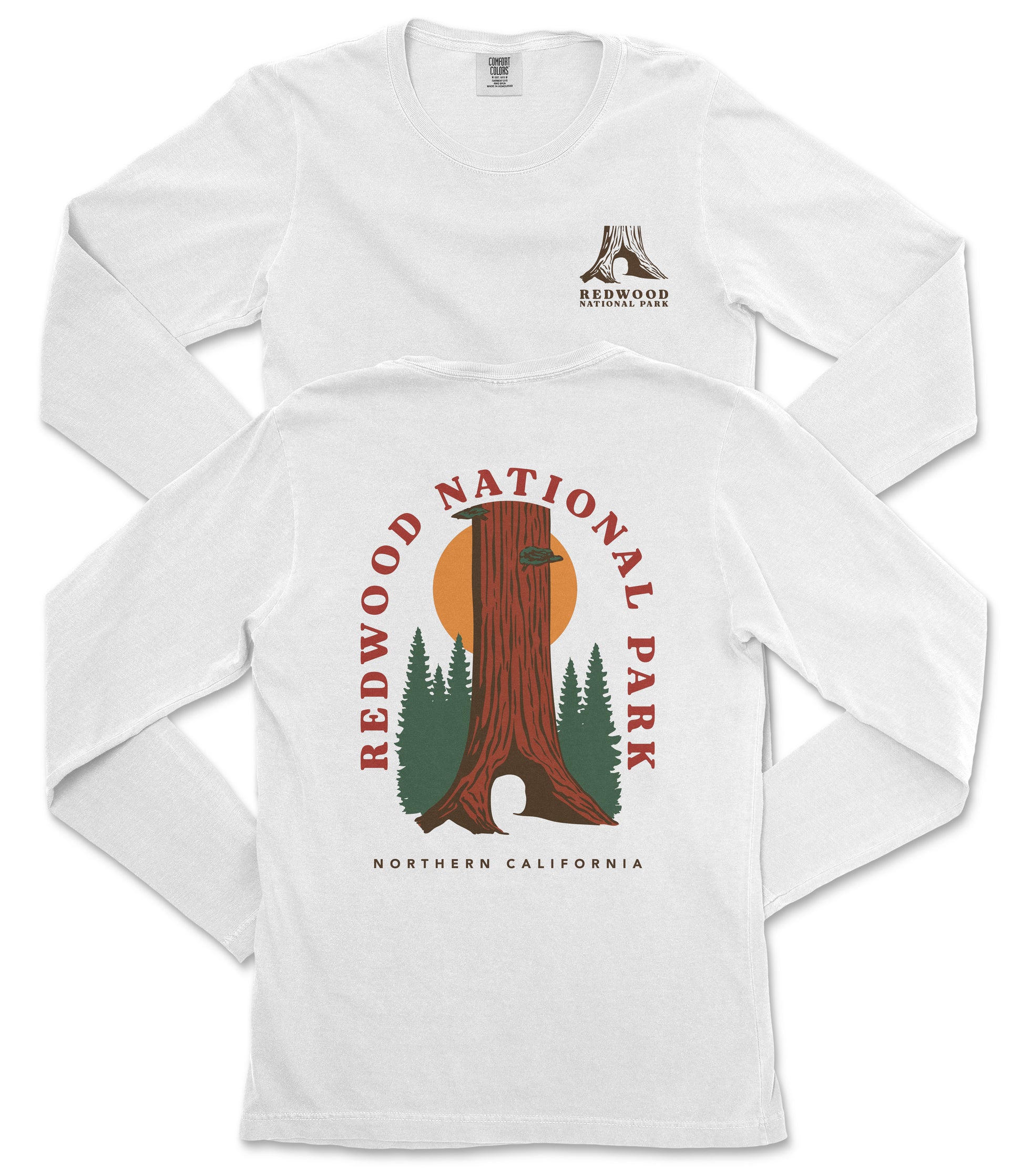a white long-sleeved t-shirt with a graphic design depicting a redwood tree and the text "REDWOOD NATIONAL PARK NORTHERN CALIFORNIA".