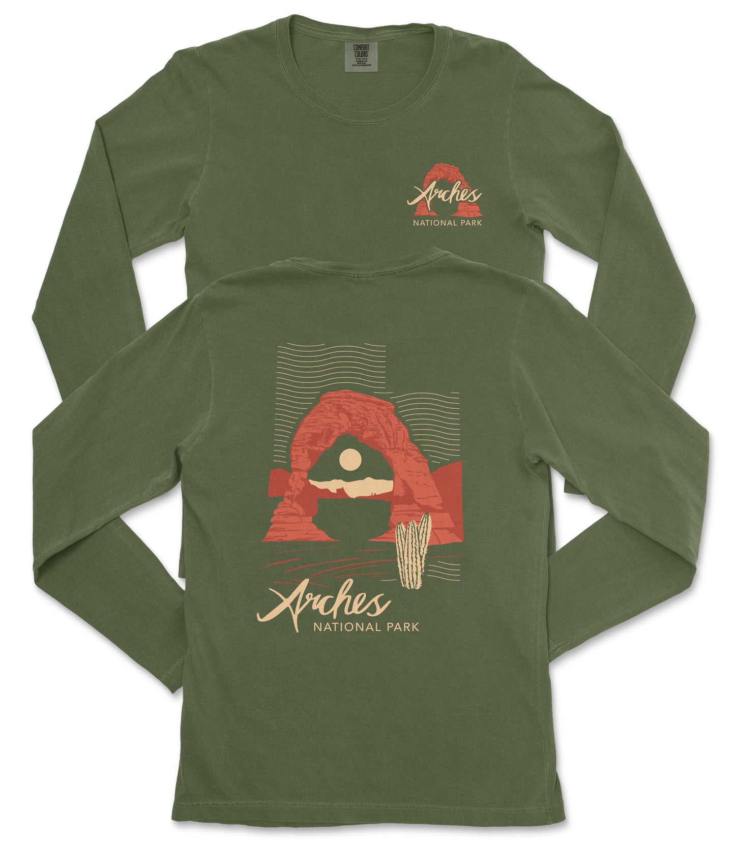 a green long-sleeved t-shirt with a graphic design depicting a desert landscape, including a rock formation and a cactus. The text on the t-shirt reads "Arches National Park".