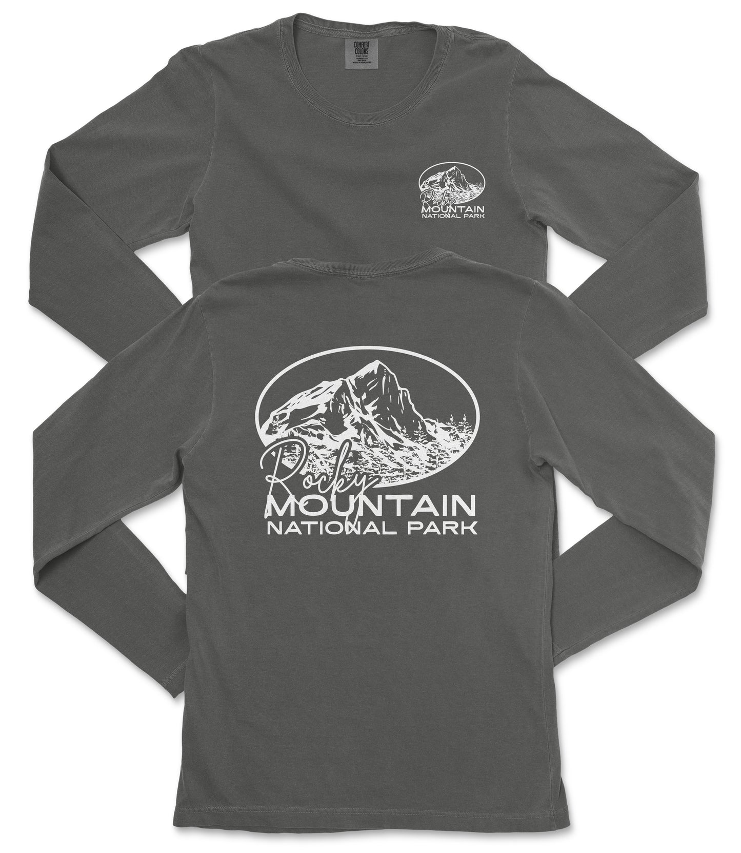 a gray long-sleeved t-shirt with a graphic design and text printed on the back.