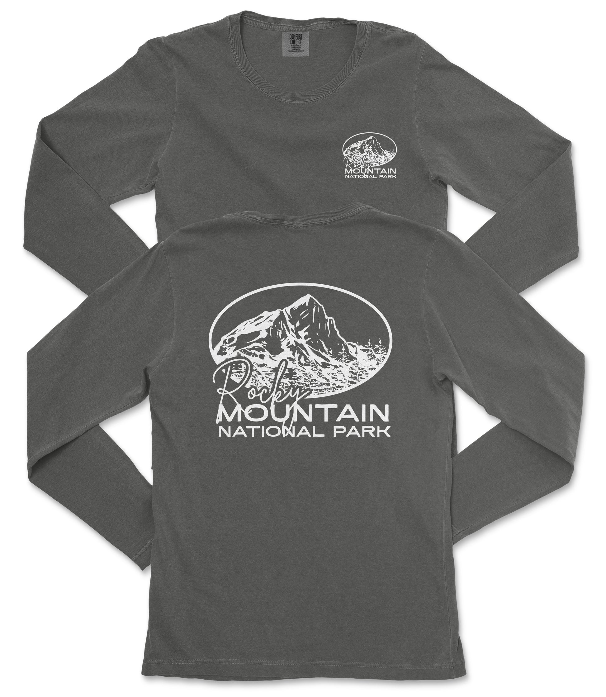 a gray long-sleeved t-shirt with a graphic design and text printed on the back.