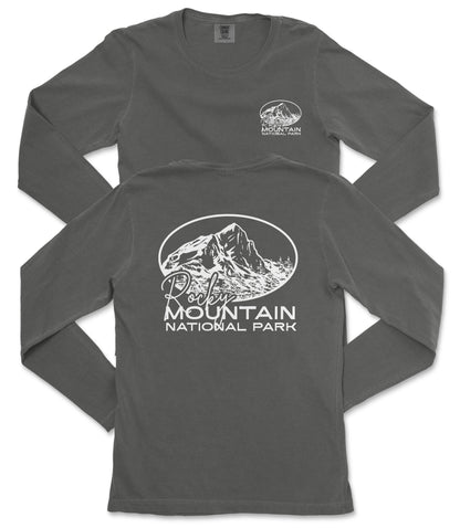 a gray long-sleeved t-shirt with a graphic design and text printed on the back.
