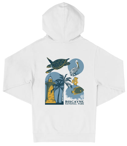 A white hoodie with a graphic design featuring various marine life and landmarks, including a lighthouse, palm trees, and a bird.