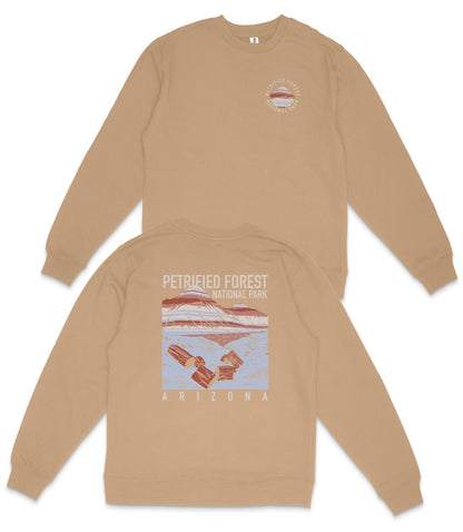 a tan sweatshirt with a graphic design on the back, depicting a desert landscape with a mountain and a satellite.