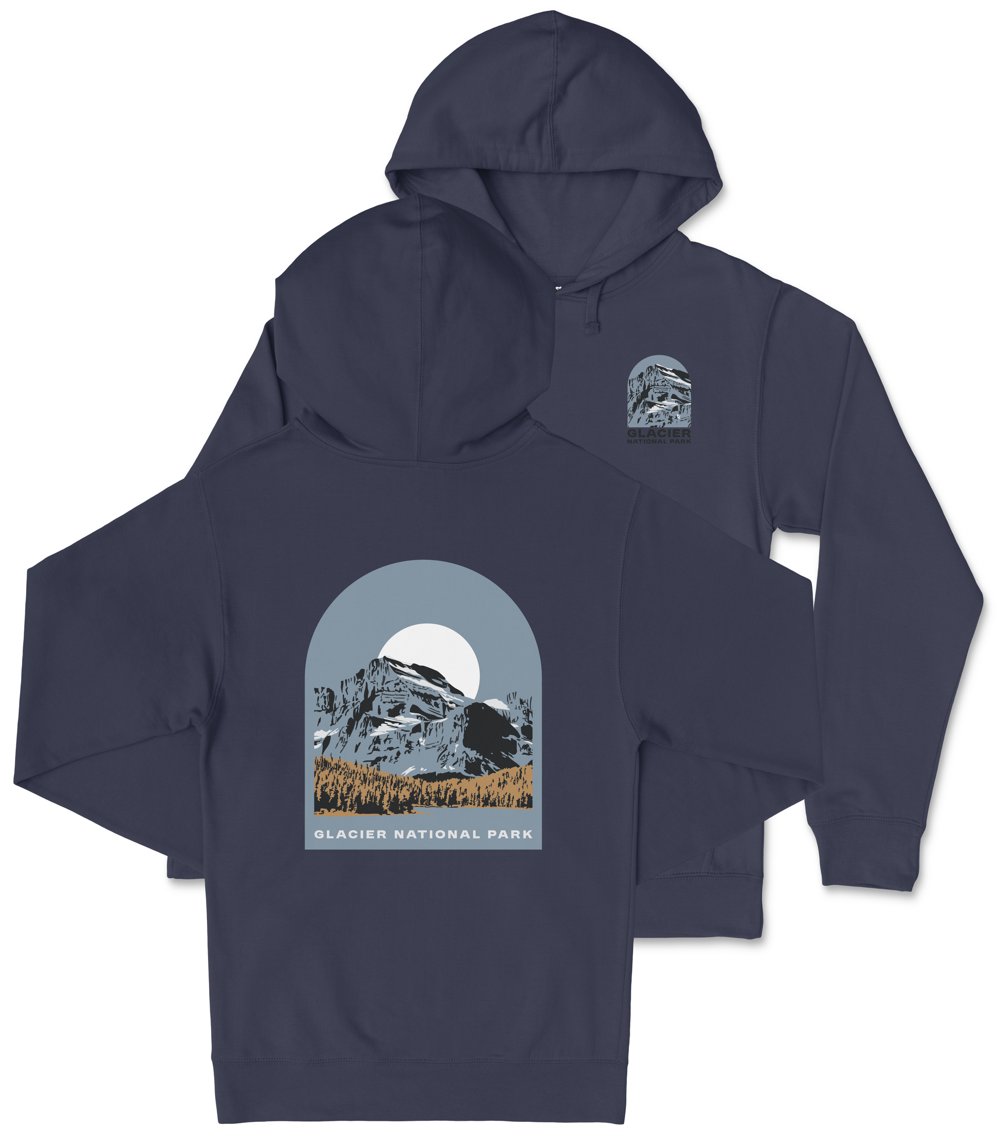 A navy blue hooded sweatshirt with a graphic design depicting a mountain landscape and the text "Glacier National Park" printed on it.