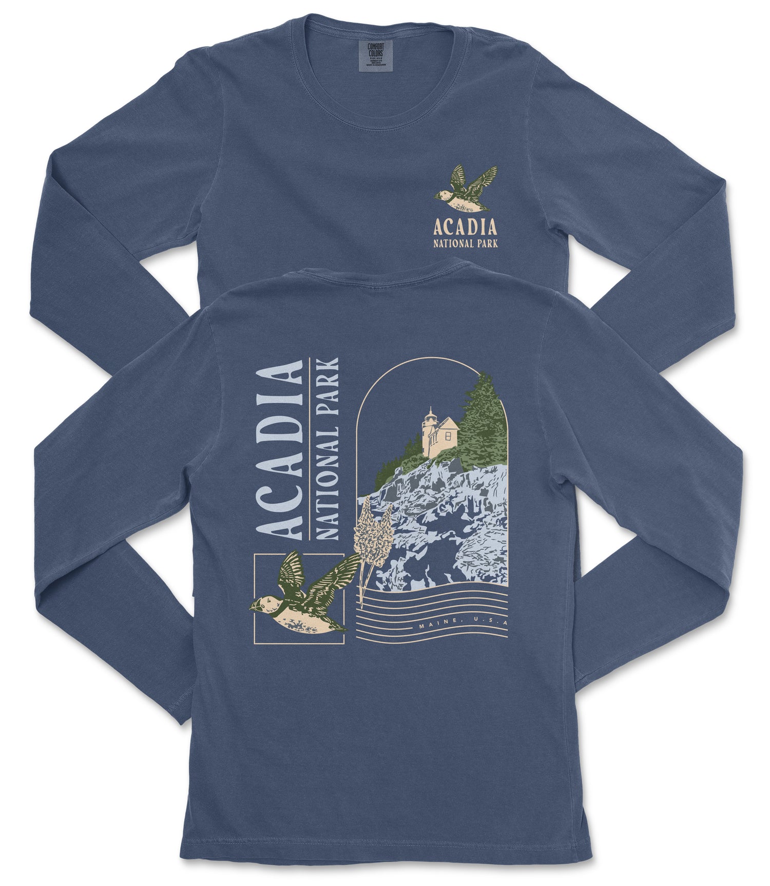 a long-sleeved blue t-shirt with a graphic design depicting a scenic view of Acadia National Park.