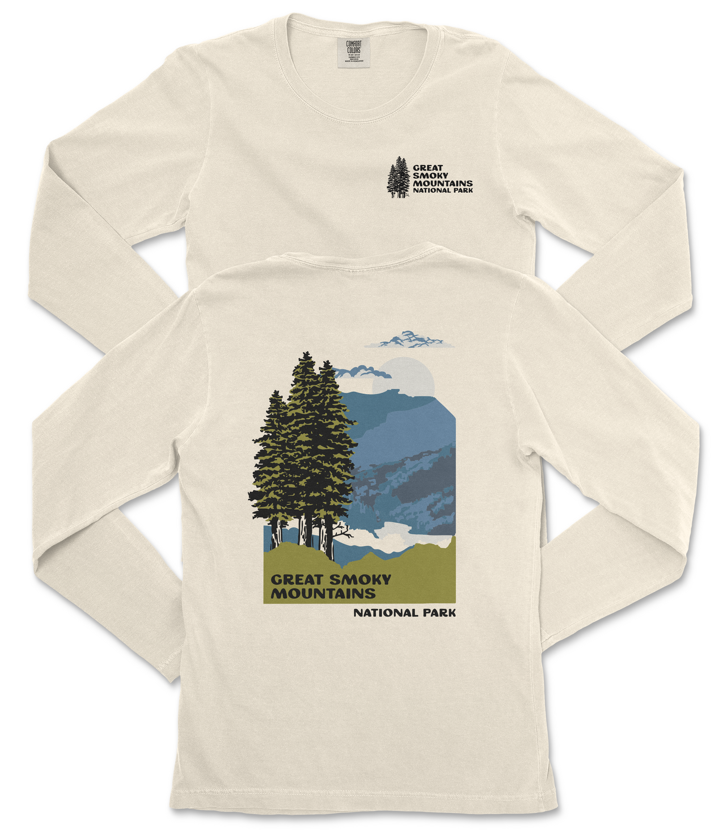 a white long-sleeved t-shirt with a graphic design depicting a mountain landscape with pine trees and mountains.