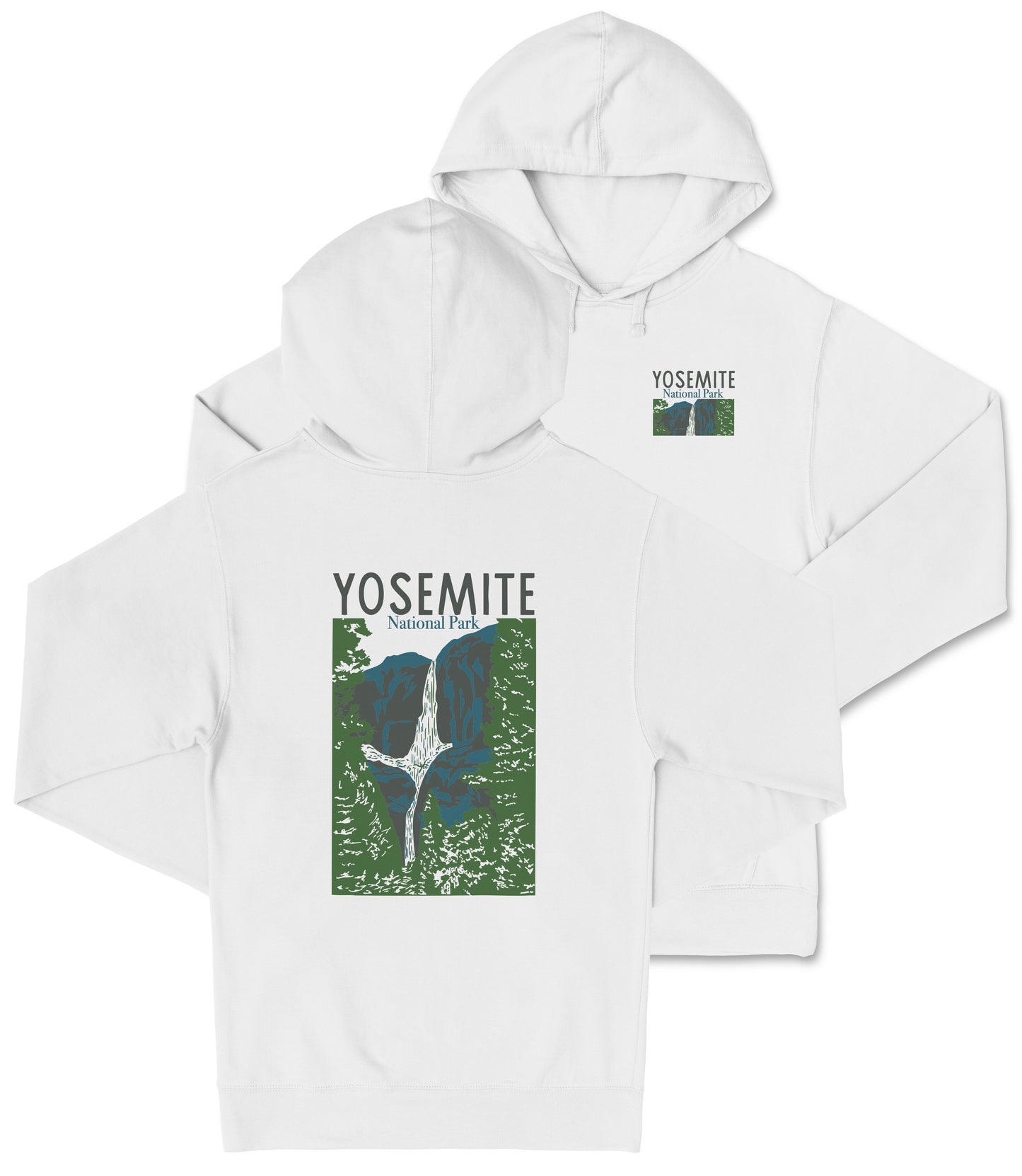 A white hooded sweatshirt with a graphic design depicting a waterfall and the text "YOSEMITE National Park" printed on it.