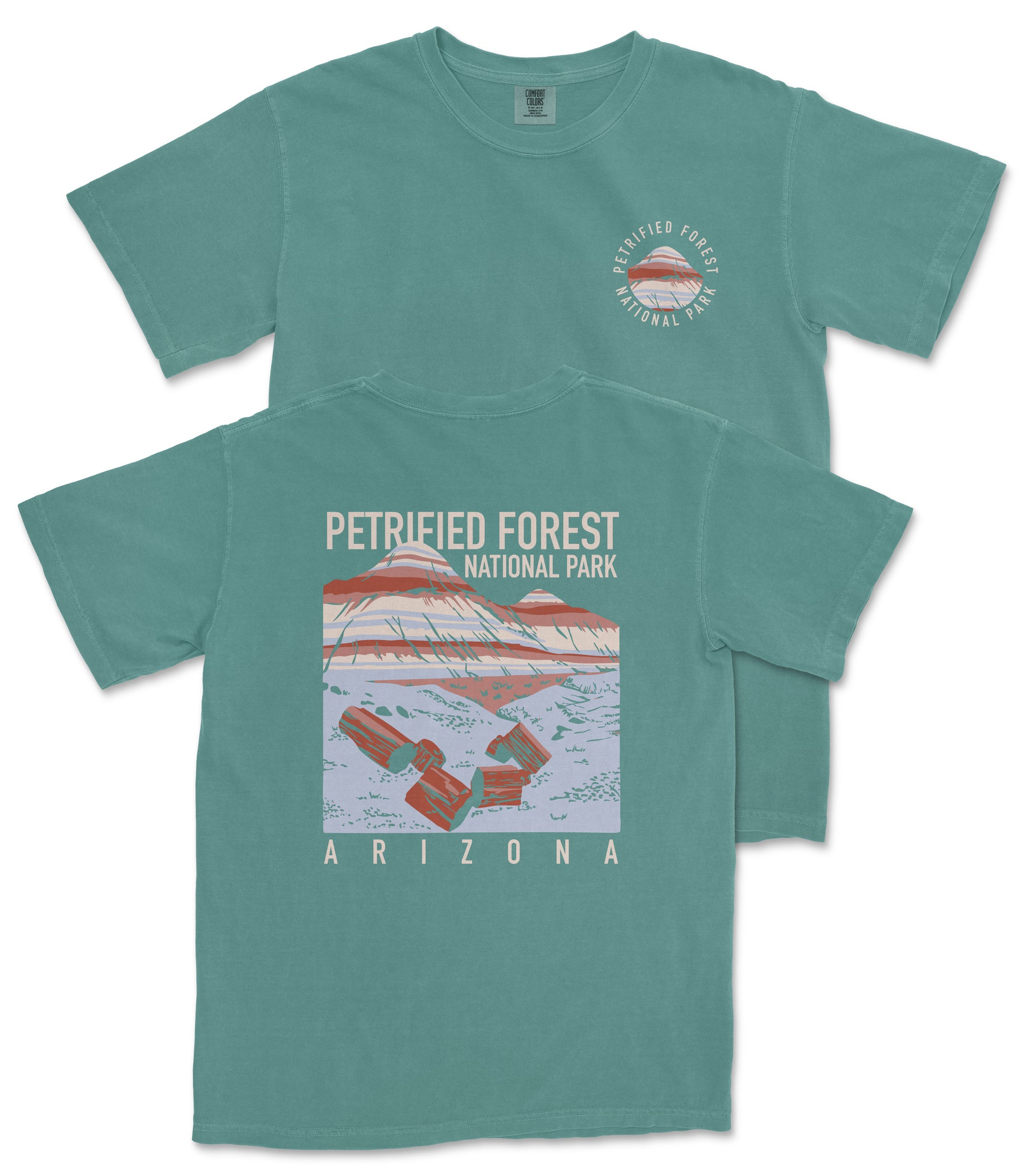 A green t-shirt with a graphic design depicting a mountain range and the text "Petriied Forest National Park Arizona" printed on it.