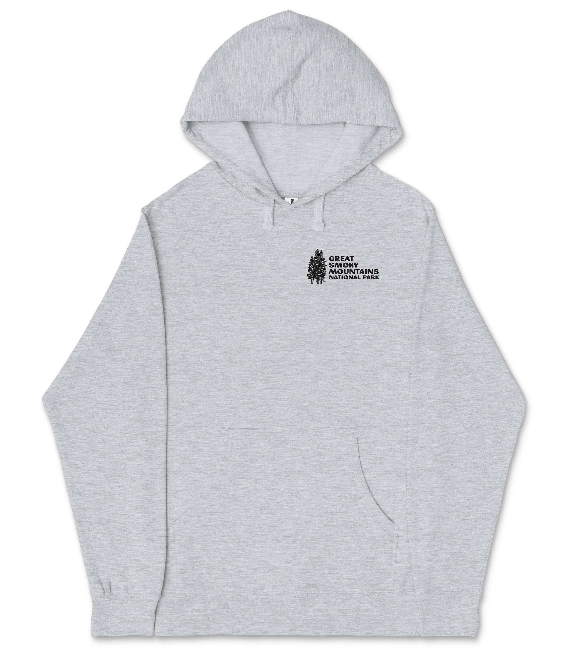 A gray hooded sweatshirt with a logo on the left side.