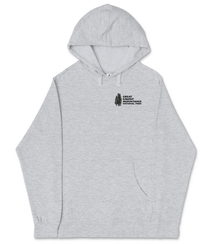A gray hooded sweatshirt with a logo on the left side.