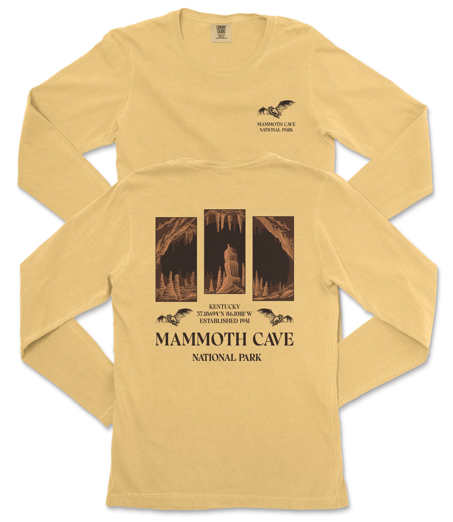 a yellow long-sleeved t-shirt with a graphic design and text related to Mammoth Cave National Park.