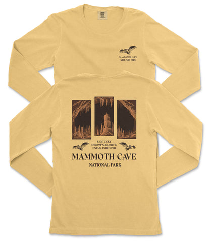 a yellow long-sleeved t-shirt with a graphic design and text related to Mammoth Cave National Park.