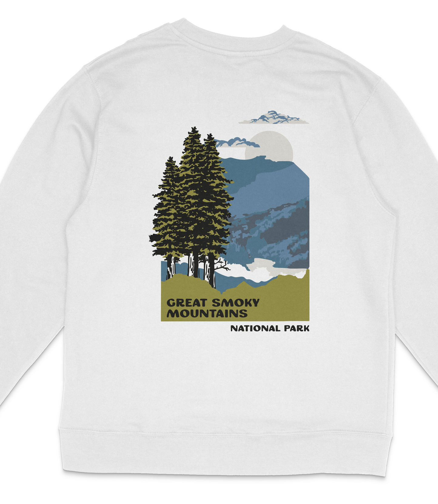 A white long-sleeved shirt with a graphic design depicting a forest scene with pine trees, mountains, and a cloudy sky.