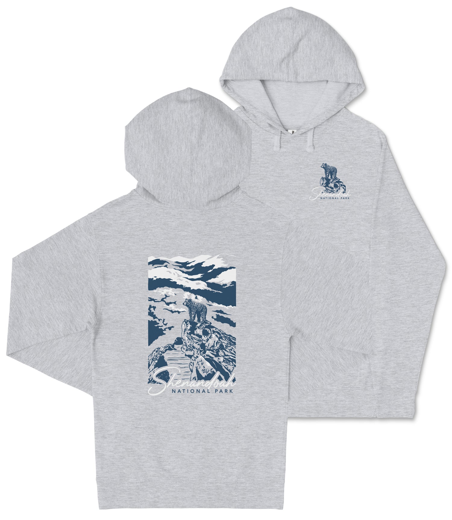A gray hooded sweatshirt with a graphic design and text printed on it.