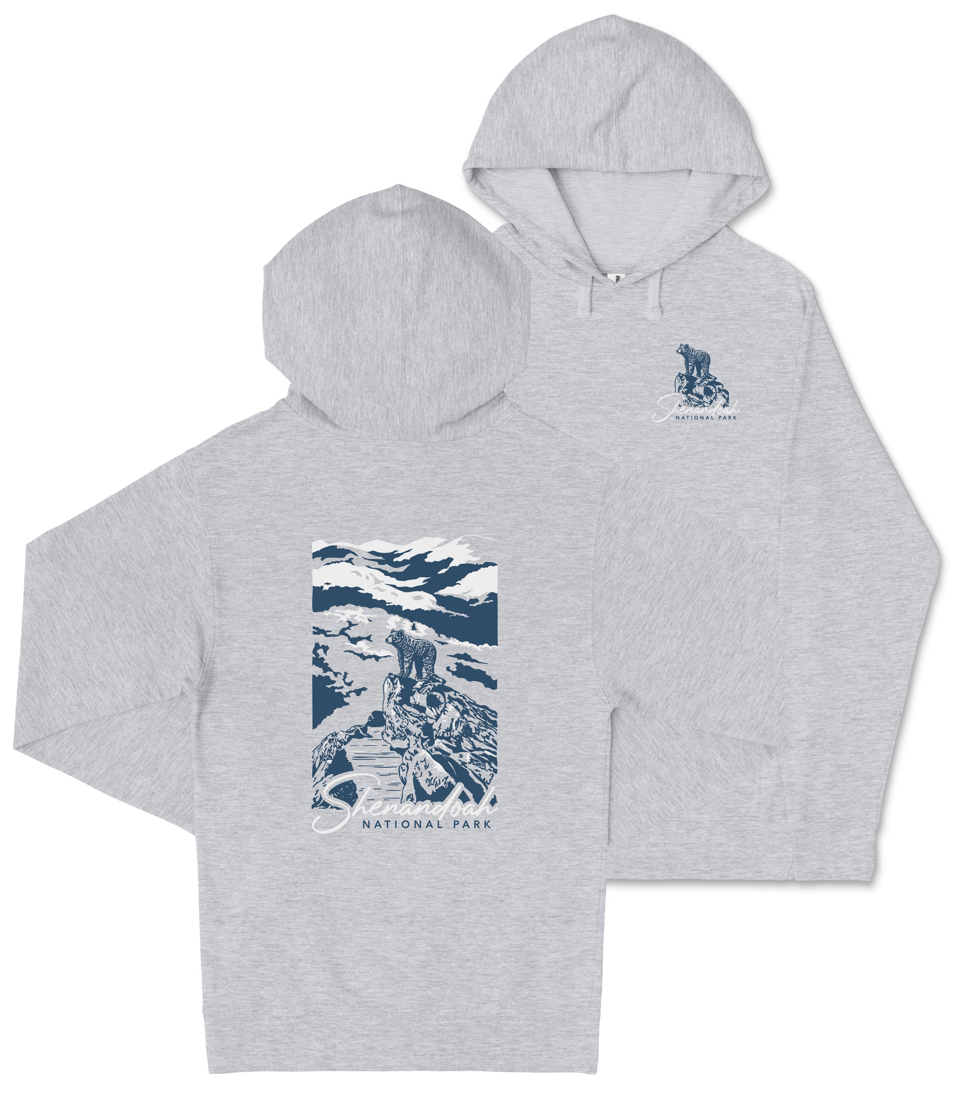 A gray hooded sweatshirt with a graphic design and text printed on it.