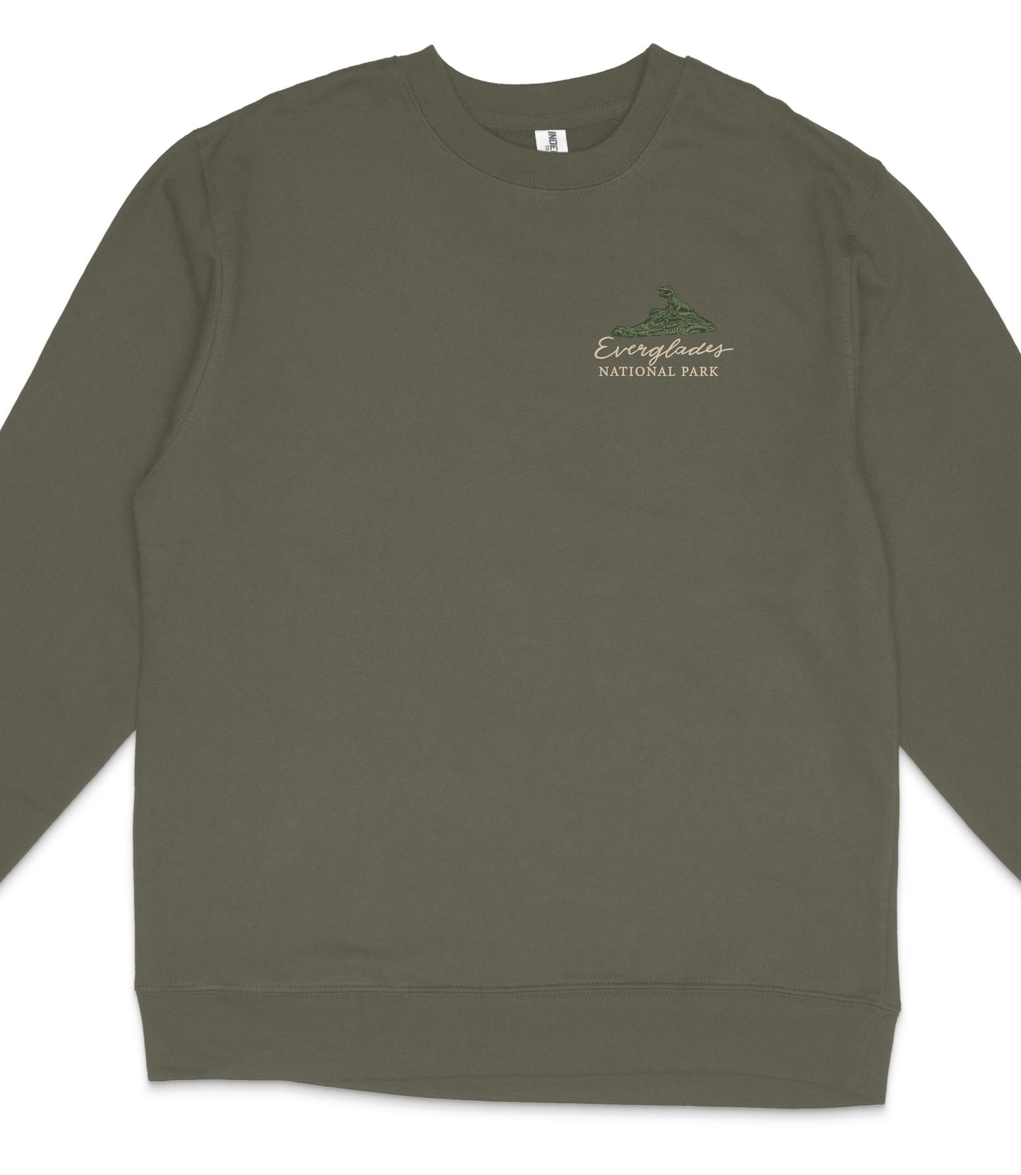 A dark green long-sleeved shirt with a small logo on the left side.