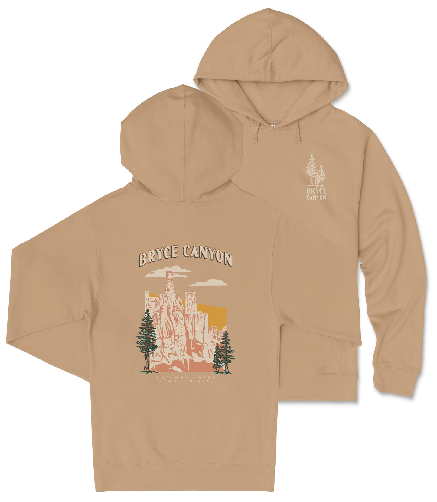 A beige hooded sweatshirt with a graphic design depicting Bryce Canyon National Park.