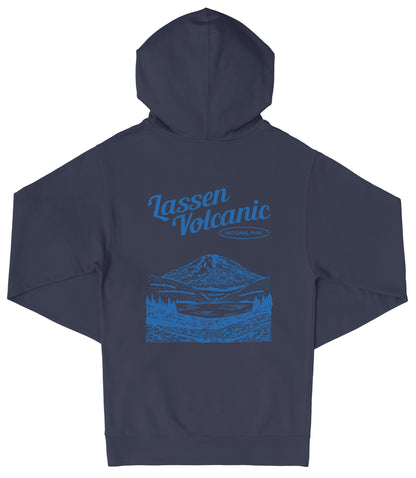 A navy blue hooded sweatshirt with a graphic design depicting a mountain landscape and the text "Lassen Volcanic National Park" printed on the back.