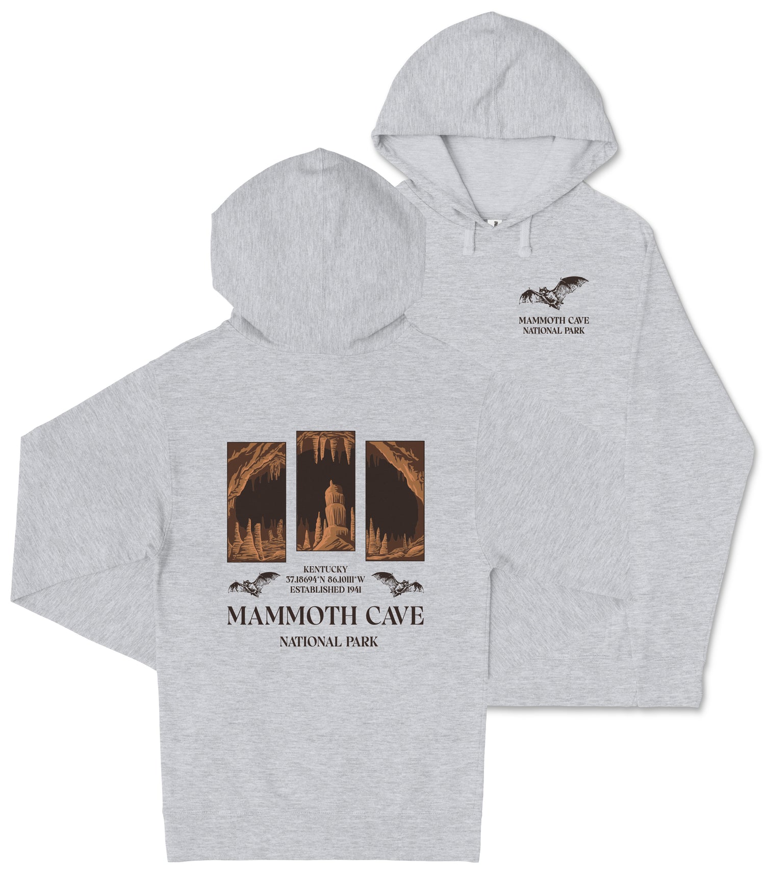 A grey hooded sweatshirt with a graphic design featuring images of the Mammoth Cave National Park in Kentucky.