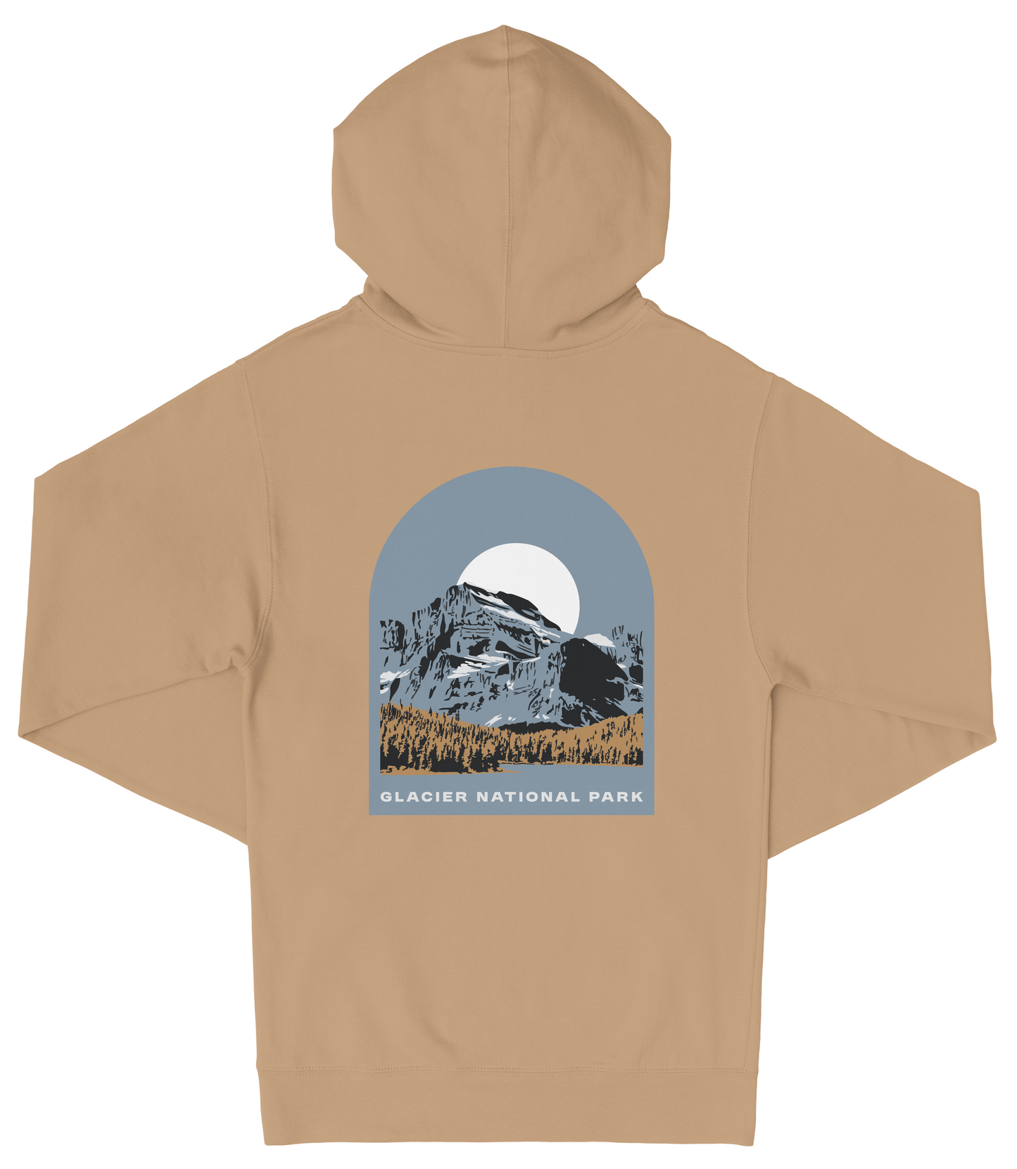 A beige hooded sweatshirt with a graphic design depicting a mountain landscape and a full moon.