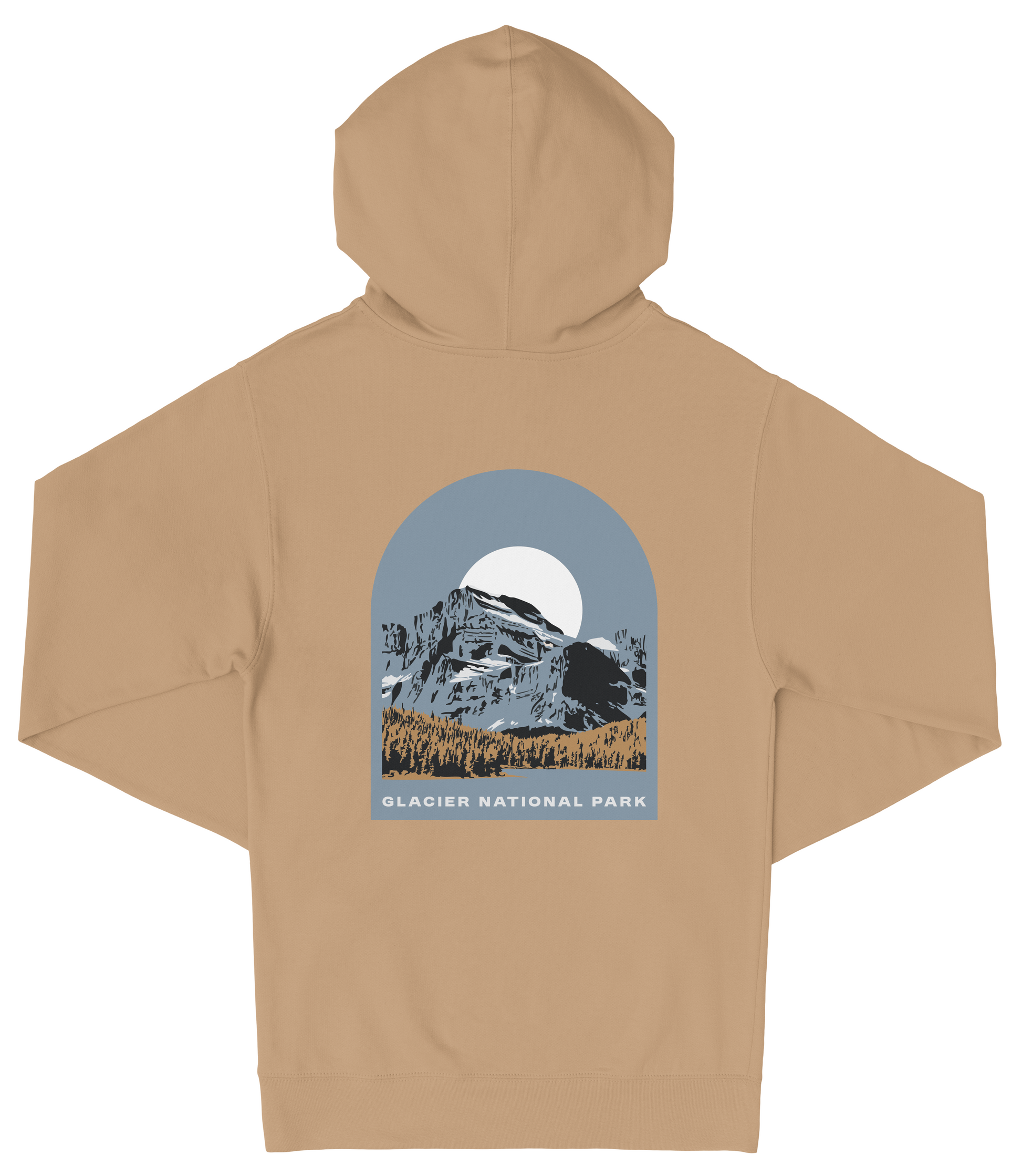 A beige hooded sweatshirt with a graphic design depicting a mountain landscape and a full moon.