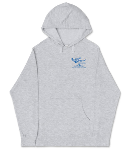 A gray hooded sweatshirt with a blue logo on the left side of the chest.