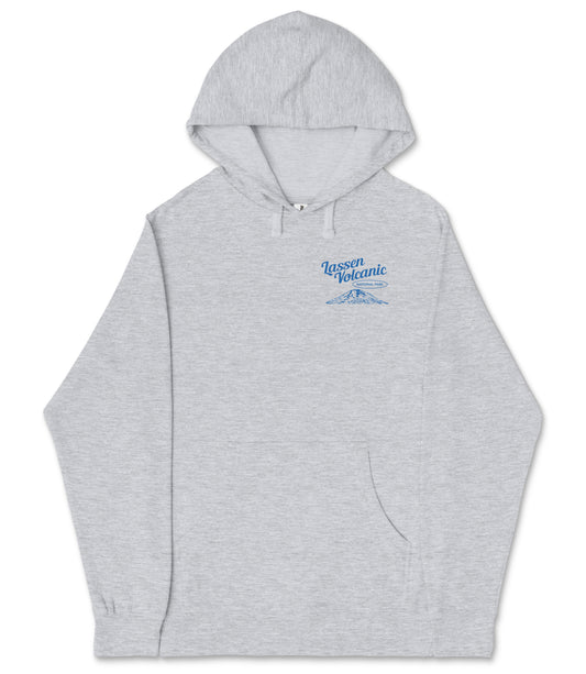A gray hooded sweatshirt with a blue logo on the left side of the chest.