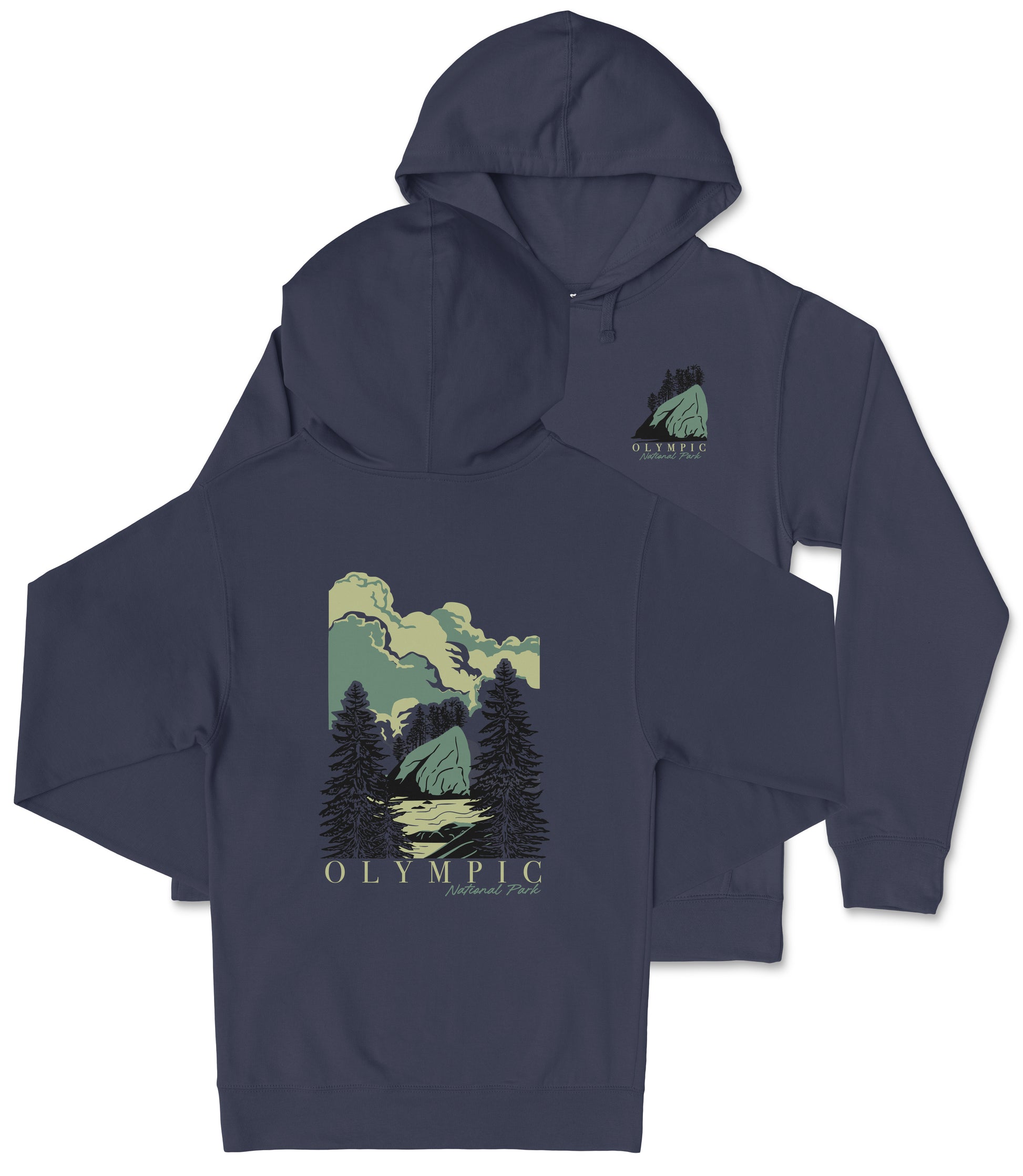 A navy blue hoodie with a graphic design depicting a mountain landscape and the text "Olympic National Park" printed on it.