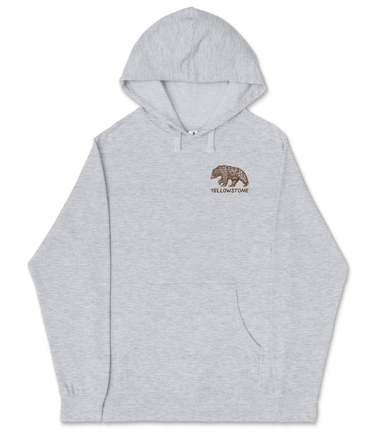 A gray hooded sweatshirt with a graphic of a bear on the front.