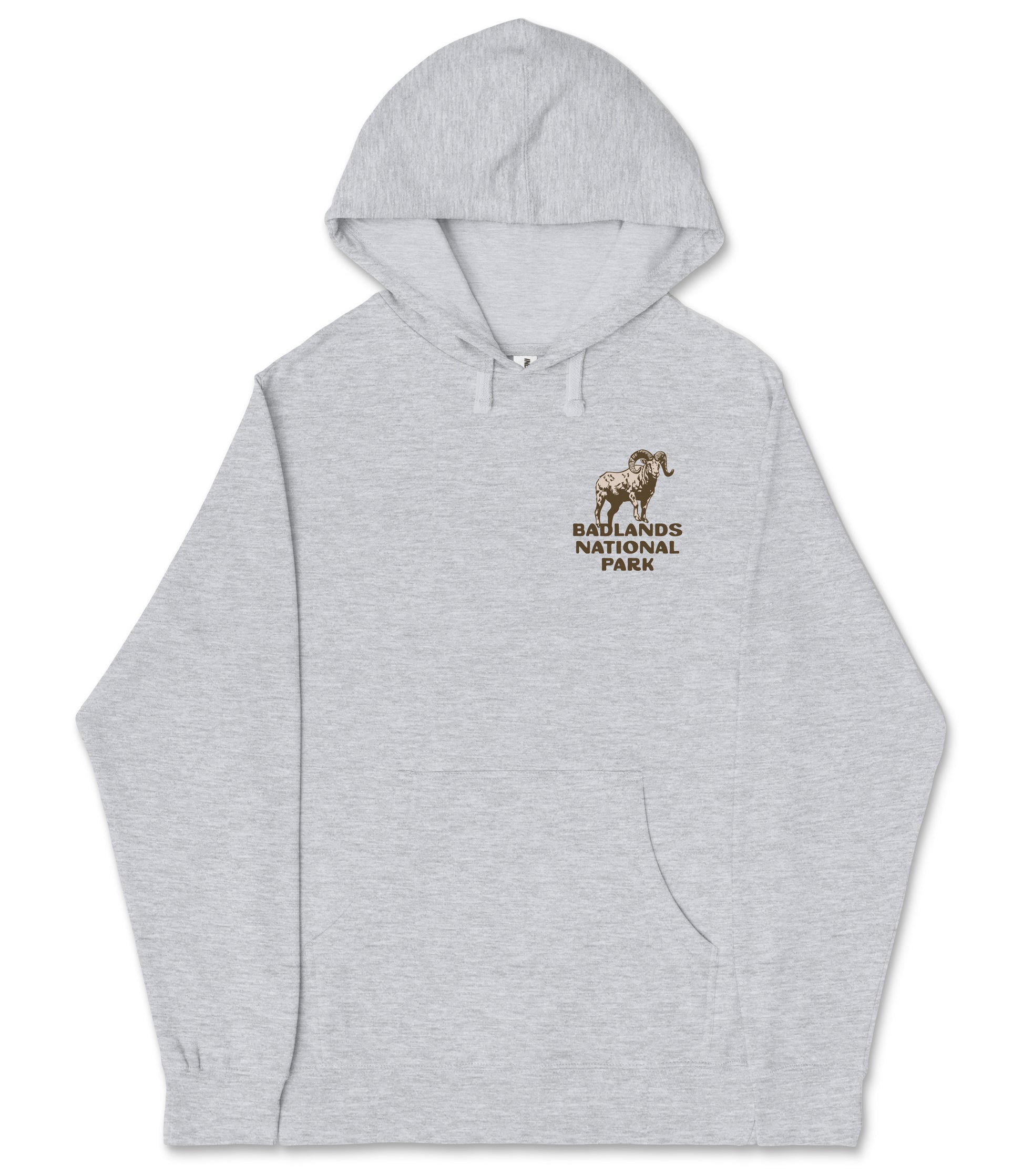 A gray hooded sweatshirt with an embroidered logo on the left chest area.