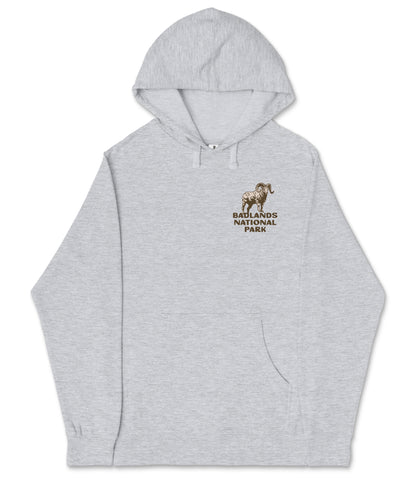 A gray hooded sweatshirt with an embroidered logo on the left chest area.
