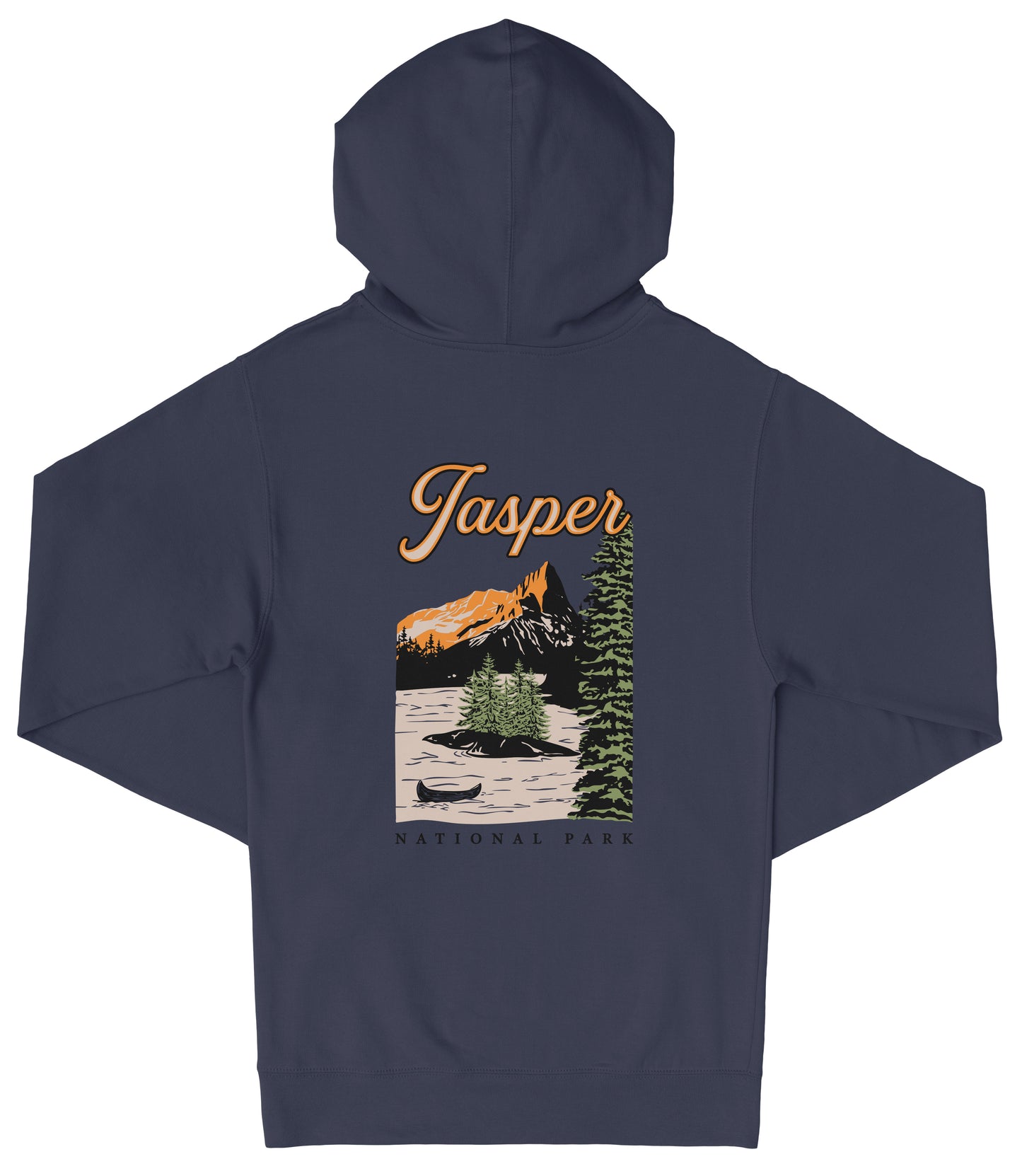 A navy blue hooded sweatshirt with a graphic design depicting a scenic landscape with mountains, trees, and a river.