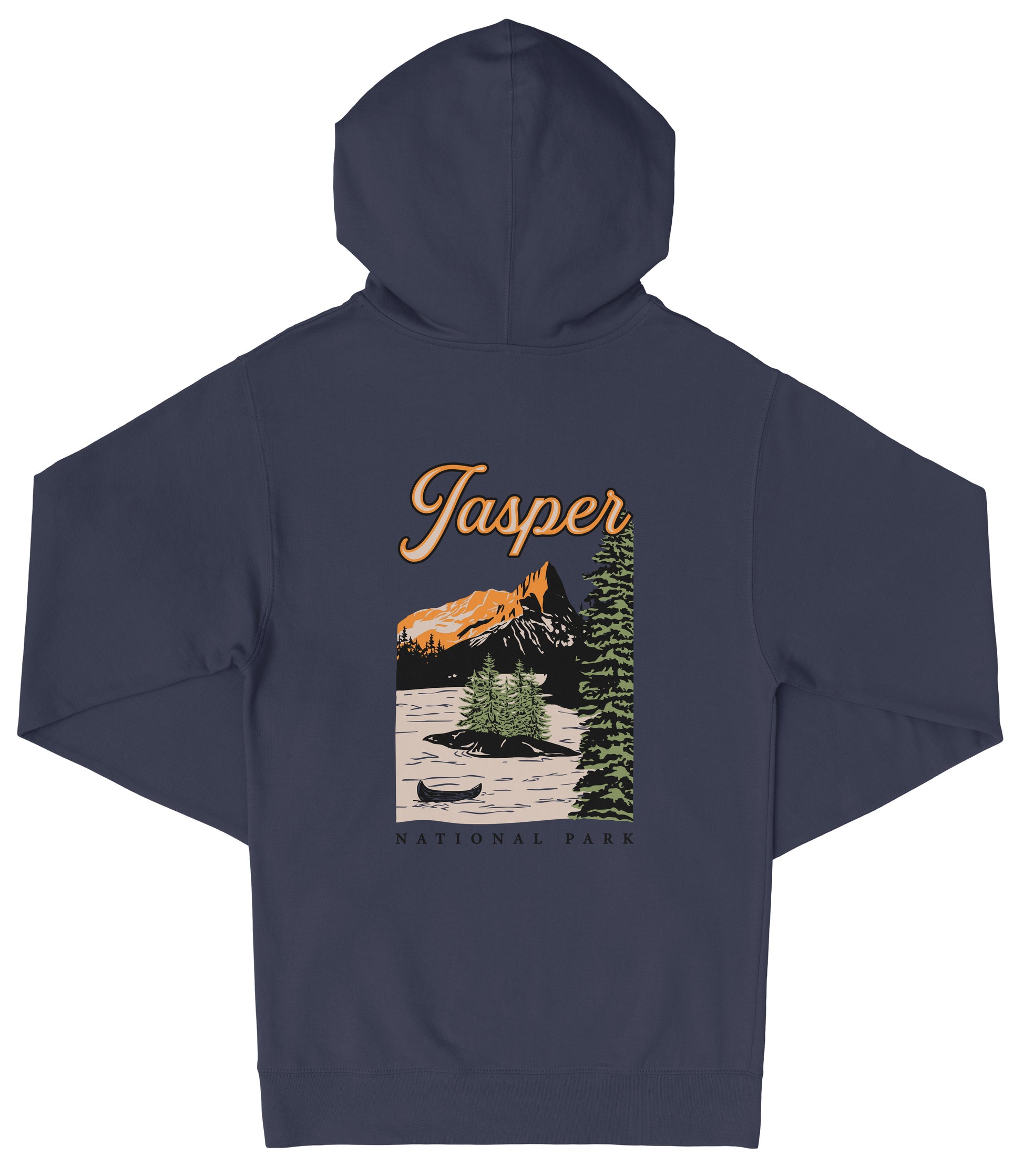 A navy blue hooded sweatshirt with a graphic design depicting a scenic landscape with mountains, trees, and a river.