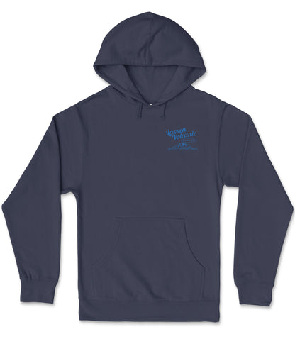 A navy blue hooded sweatshirt with a blue logo on the left side.
