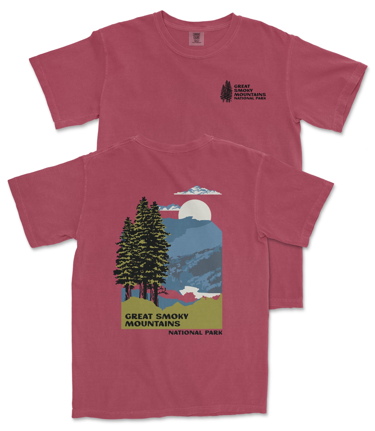 A red t-shirt with a graphic design depicting a mountain landscape with pine trees, a full moon, and clouds. The text on the t-shirt reads "Great Smoky Mountains National Park".