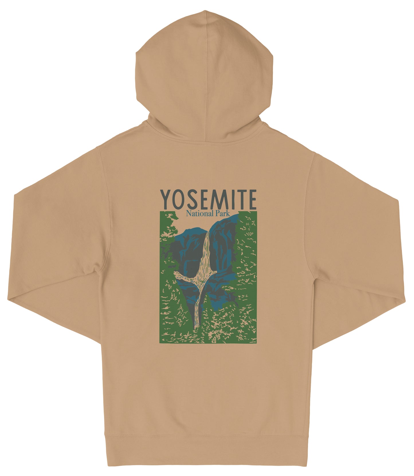 A beige hooded sweatshirt with a graphic design depicting a waterfall and the text "YOSEMITE National Park" printed on the back.