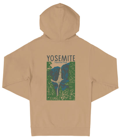 A beige hooded sweatshirt with a graphic design depicting a waterfall and the text "YOSEMITE National Park" printed on the back.